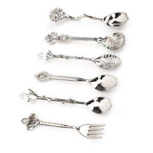 Fdit 6Pcs/Set Vintage Carved Coffee Spoon Teaspoon Retro Zinc Alloy Dessert Coffee Tableware Spoons Cutlery Kitchen(Silver)