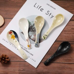 Rhymad 6 Pieces Japanese Retro Soup Spoons Ceramics Soup Spoons Japanese Style Rice Spoon Flatware Asian Chinese Serving Spoons Appetizers Tableware Meal Partner for Tasting