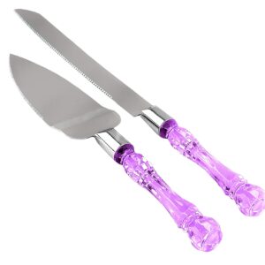 lushig cake knife and server set | acrylic faux crystal handles & premium 420 stainless steel blades | cake cutting set for wedding cake, birthdays, anniversaries, parties (purple silver)