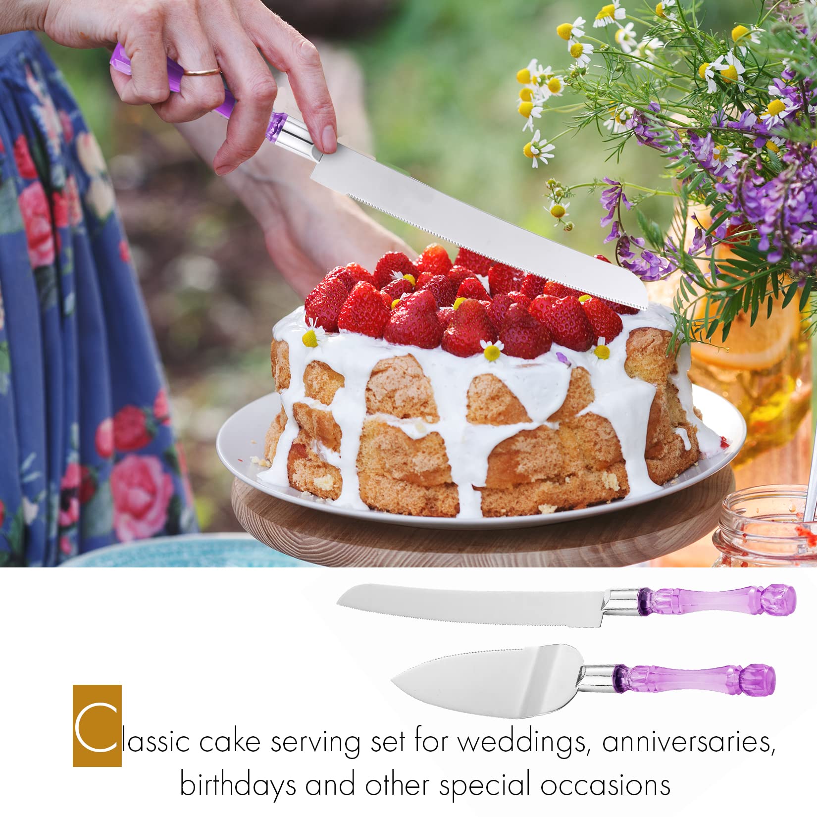 LUSHIG Cake Knife and Server Set | Acrylic Faux Crystal Handles & Premium 420 Stainless Steel Blades | Cake Cutting Set for Wedding Cake, Birthdays, Anniversaries, Parties (Purple Silver)