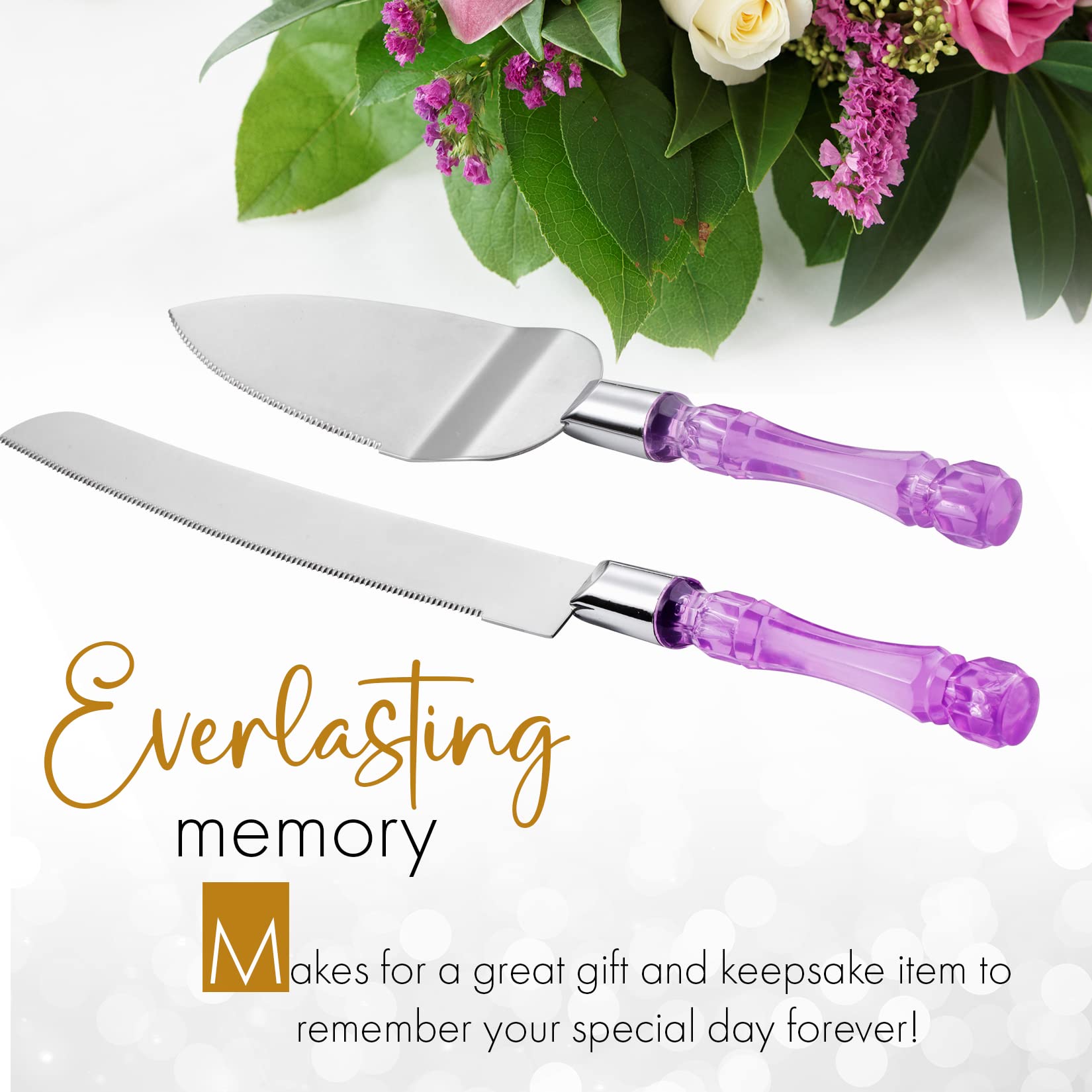 LUSHIG Cake Knife and Server Set | Acrylic Faux Crystal Handles & Premium 420 Stainless Steel Blades | Cake Cutting Set for Wedding Cake, Birthdays, Anniversaries, Parties (Purple Silver)