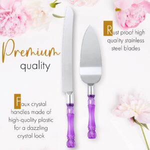 LUSHIG Cake Knife and Server Set | Acrylic Faux Crystal Handles & Premium 420 Stainless Steel Blades | Cake Cutting Set for Wedding Cake, Birthdays, Anniversaries, Parties (Purple Silver)