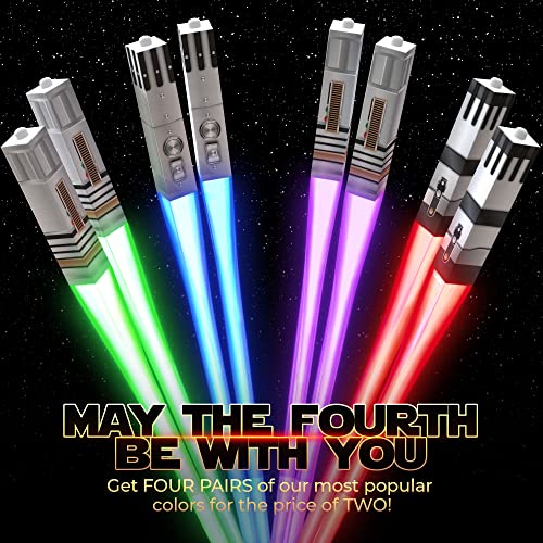 LIGHTSABER CHOPSTICKS LIGHT UP STAR WARS CHOPSTICK LED Glowing Light Saber Chop Sticks REUSABLE Sushi Lightup Sabers Cool Fun Geeky STARWARS Chop Stick Set Red Green Blue Purple 4 Pairs JEDI CASE BOX