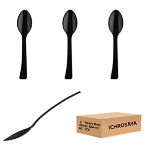 9 inch plastic spoons, disposable, 60 count, heat resistant, heavy duty bulk serving utensils set, food safe material, bpa free, black