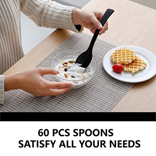 9 Inch Plastic Spoons, Disposable, 60 Count, Heat Resistant, Heavy Duty Bulk Serving Utensils Set, Food Safe Material, BPA Free, Black