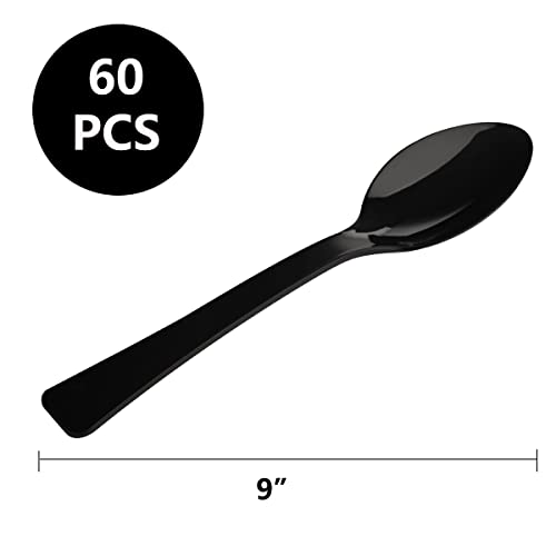 9 Inch Plastic Spoons, Disposable, 60 Count, Heat Resistant, Heavy Duty Bulk Serving Utensils Set, Food Safe Material, BPA Free, Black