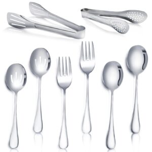 8 pieces stainless steel flatware serving utensils, include 2 serving spoons, 2 slotted spoons, 2 tongs and 2 forks for party buffet banquet kitchen