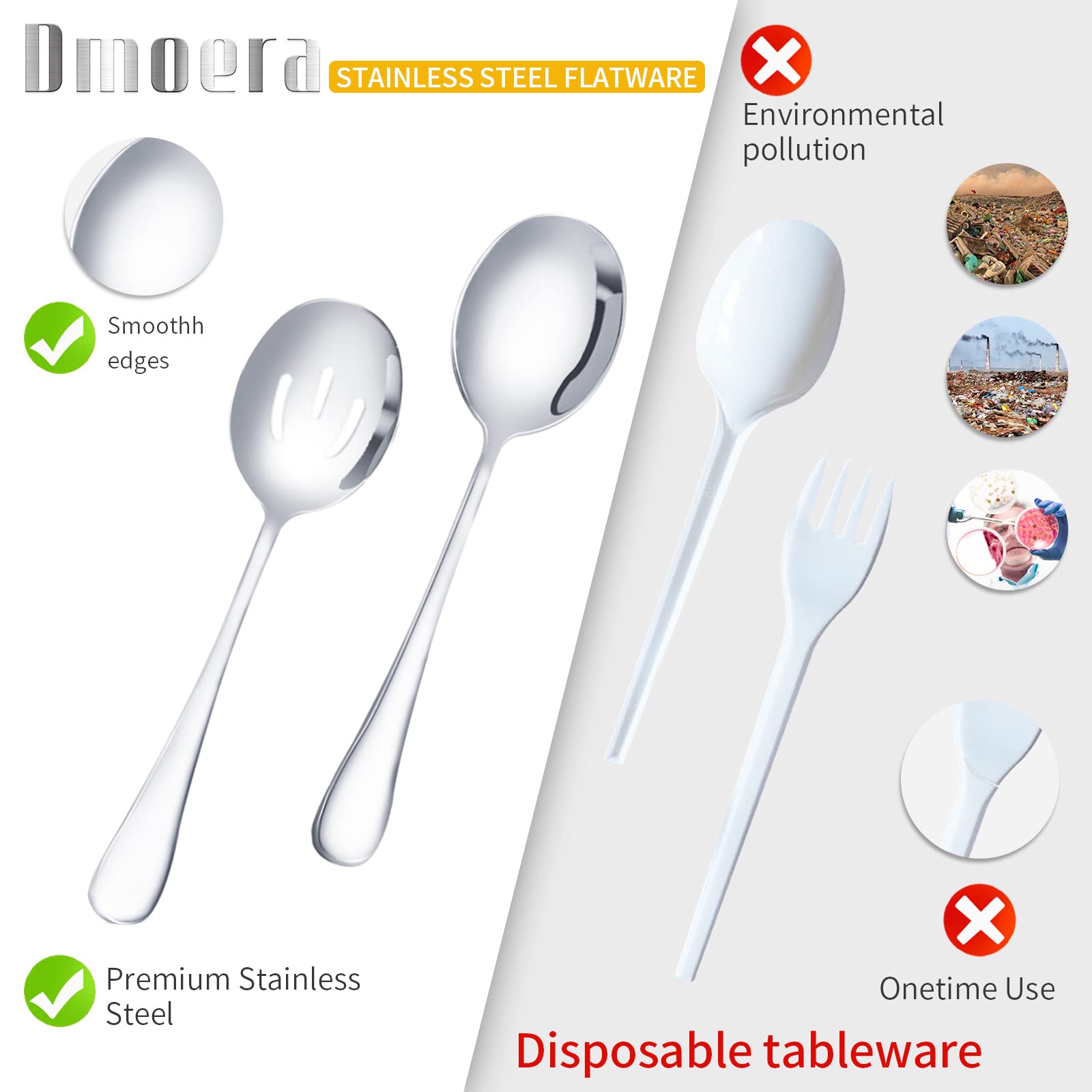 8 Pieces Stainless Steel Flatware Serving Utensils, Include 2 Serving Spoons, 2 Slotted Spoons, 2 Tongs and 2 Forks for Party Buffet Banquet Kitchen