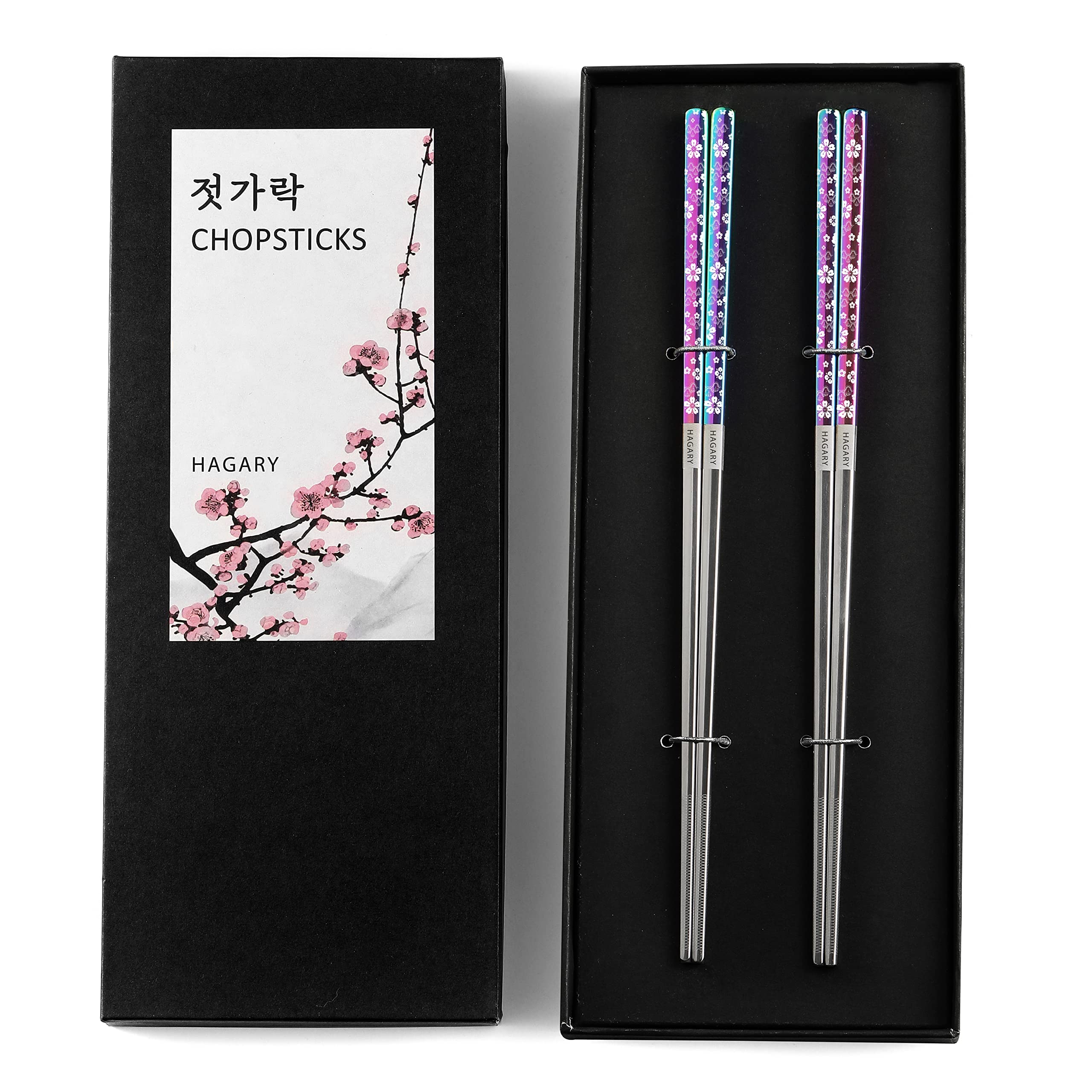 Hagary Cherry Blossom Rainbow Chopsticks Metal Chopsticks Reusable Designed In Korea Japanese Style Stainless Steel 316 18/10 Non-Slip Dishwasher Safe (2 Pairs)