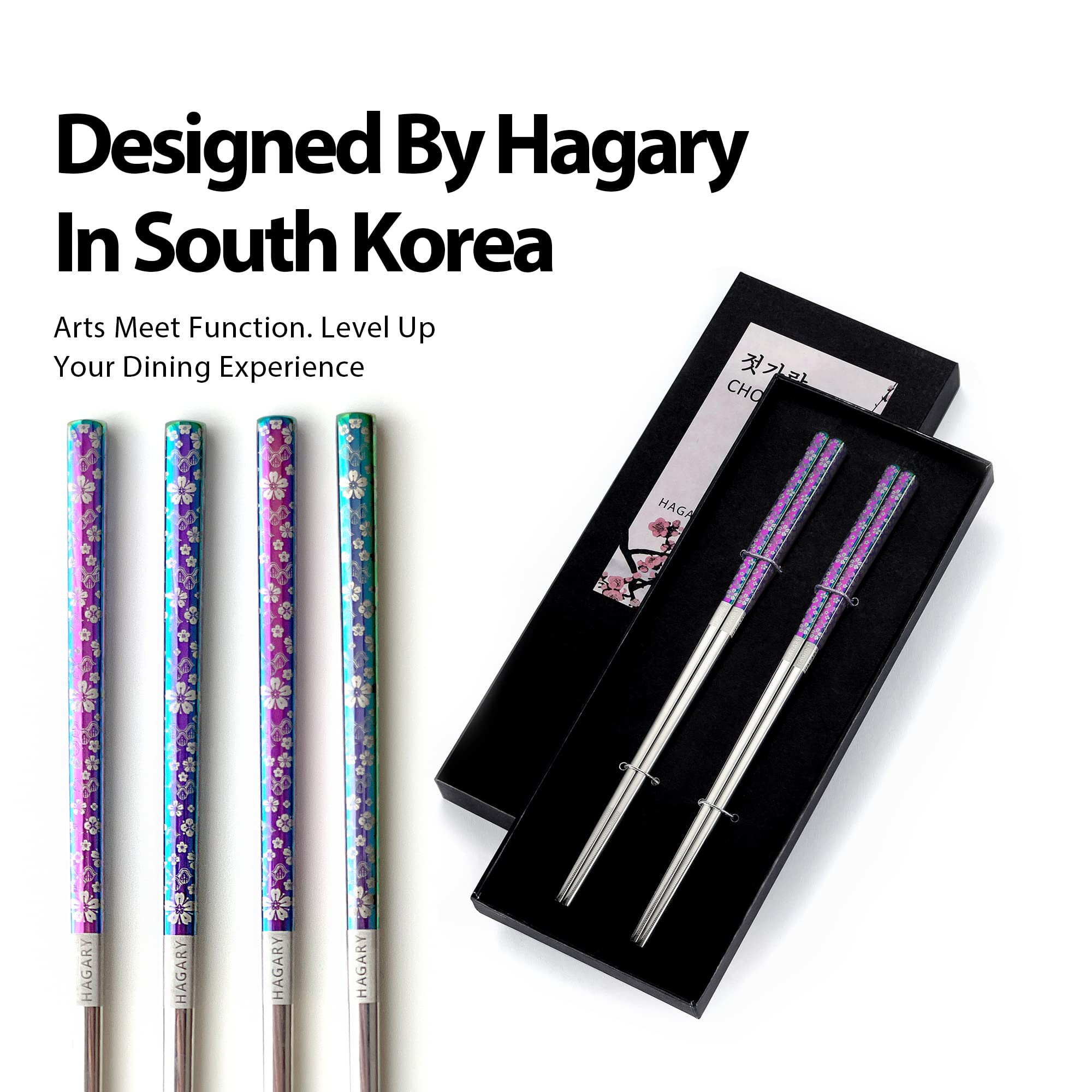 Hagary Cherry Blossom Rainbow Chopsticks Metal Chopsticks Reusable Designed In Korea Japanese Style Stainless Steel 316 18/10 Non-Slip Dishwasher Safe (2 Pairs)