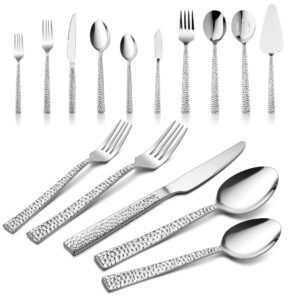 haware 45-piece hammered silverware set with serving utensils, stainless steel flatware with square edge for 8, fancy cutlery tableware, include knifes forks spoons, mirror polished, dishwasher safe