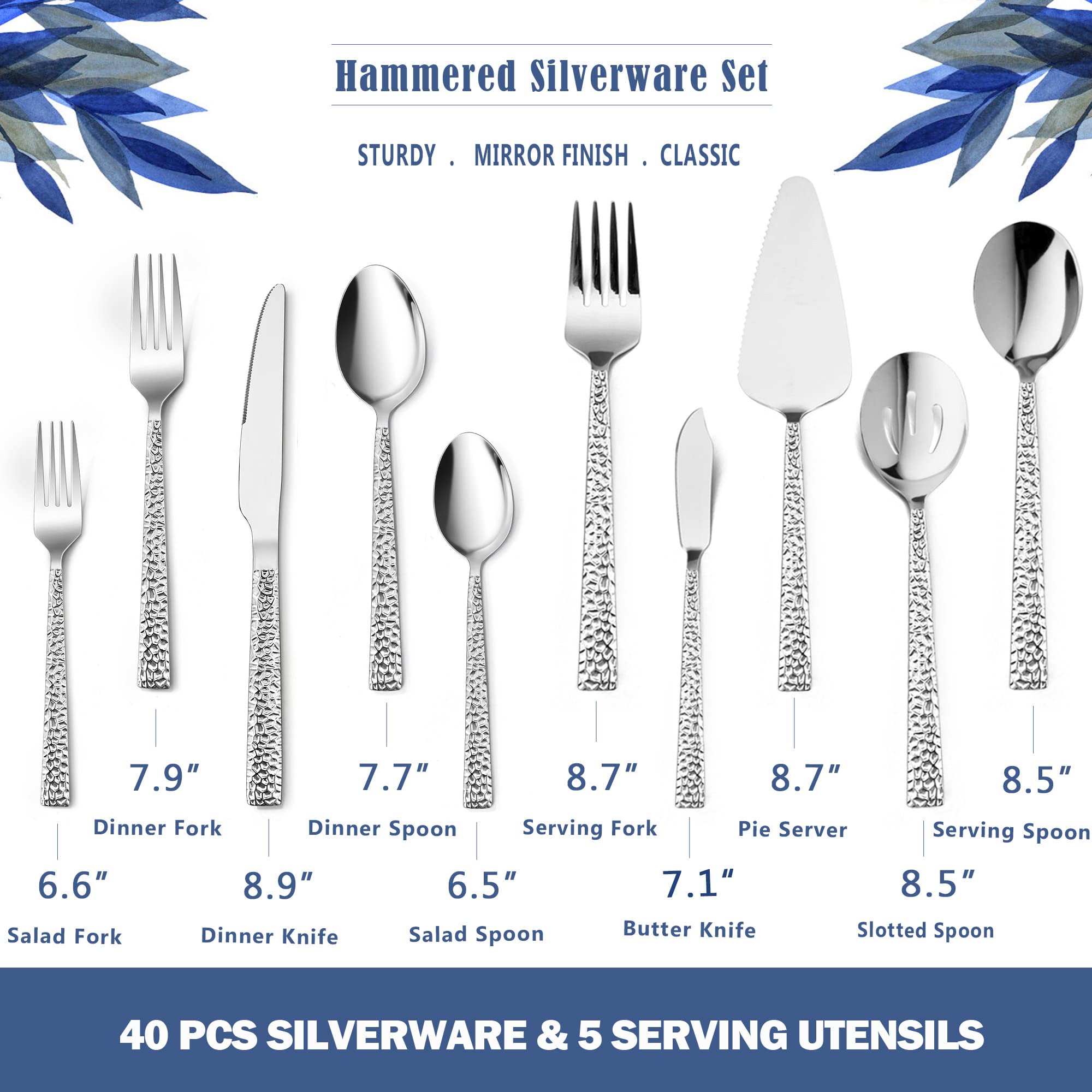 HaWare 45-Piece Hammered Silverware Set with Serving Utensils, Stainless Steel Flatware with Square Edge for 8, Fancy Cutlery Tableware, Include Knifes Forks Spoons, Mirror Polished, Dishwasher Safe