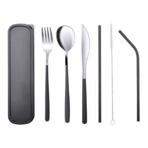 akonege portable utensils reusable 18/8 stainless steel flatware travel camping cutlery set with case, include fork spoon knife cleaning brush straws dinnerware set, dark green