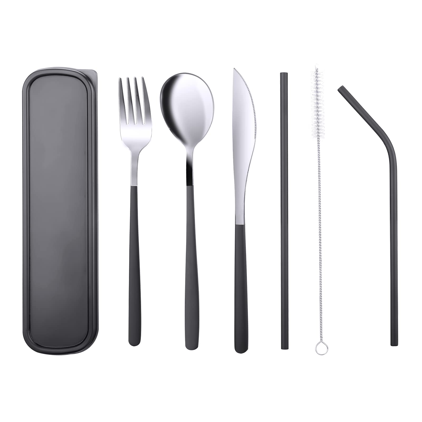 AKONEGE Portable Utensils Reusable 18/8 Stainless Steel Flatware Travel Camping Cutlery Set with Case, Include Fork Spoon Knife Cleaning Brush Straws Dinnerware Set, Dark Green