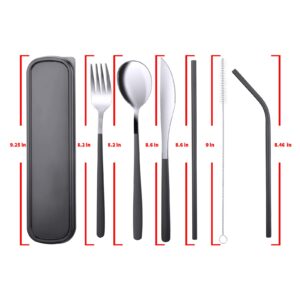 AKONEGE Portable Utensils Reusable 18/8 Stainless Steel Flatware Travel Camping Cutlery Set with Case, Include Fork Spoon Knife Cleaning Brush Straws Dinnerware Set, Dark Green