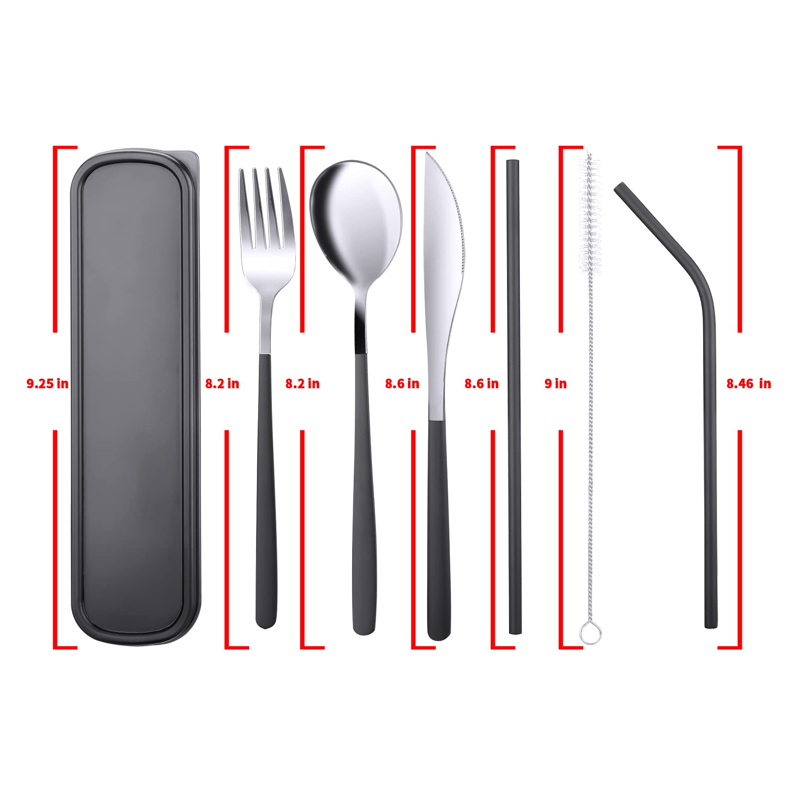 AKONEGE Portable Utensils Reusable 18/8 Stainless Steel Flatware Travel Camping Cutlery Set with Case, Include Fork Spoon Knife Cleaning Brush Straws Dinnerware Set, Dark Green