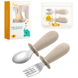 qkie toddler utensils, toddler forks and spoons, baby spoons self feeding, stainless steel baby silverware with bpa free silicone easy grip, 8 months+