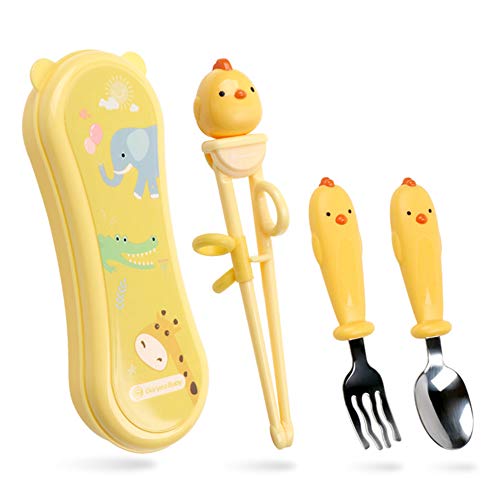 Goryeo Baby Toddler Utensils Stainless Steel Kids Silverware Set with Kids Training Chopsticks and Baby Spoon and Fork for Self Feeding Learning with Case (3PCS)(Yellow)