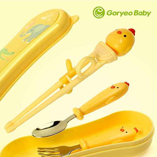 Goryeo Baby Toddler Utensils Stainless Steel Kids Silverware Set with Kids Training Chopsticks and Baby Spoon and Fork for Self Feeding Learning with Case (3PCS)(Yellow)