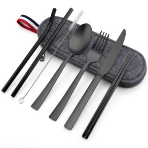 matte black travel utensils set, e-far 8-piece metal travel silverware portable camping reusable cutlery flatware set includes knife, fork, spoon, chopsticks, straws - charcoal gray case
