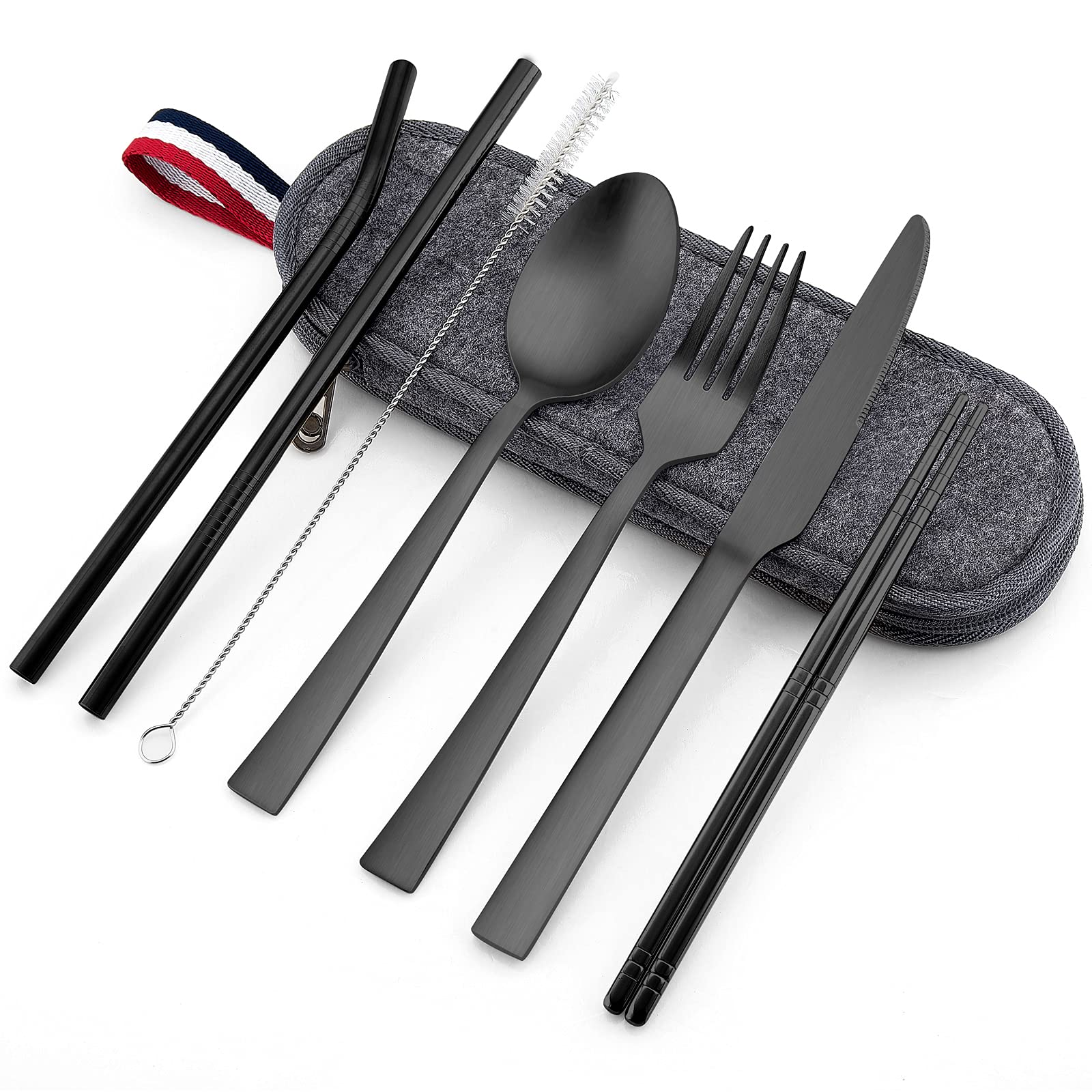 Matte Black Travel Utensils Set, E-far 8-Piece Metal Travel Silverware Portable Camping Reusable Cutlery Flatware Set Includes Knife, Fork, Spoon, Chopsticks, Straws - Charcoal Gray Case