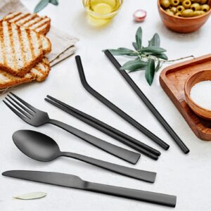 Matte Black Travel Utensils Set, E-far 8-Piece Metal Travel Silverware Portable Camping Reusable Cutlery Flatware Set Includes Knife, Fork, Spoon, Chopsticks, Straws - Charcoal Gray Case