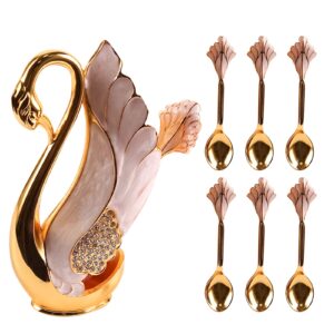 wyyxo gold swan base holder spoons set elegant swan spoon holder organizer decorative swan flatware for dessert coffee ice cream cake (1 swan base holder 6 spoons)