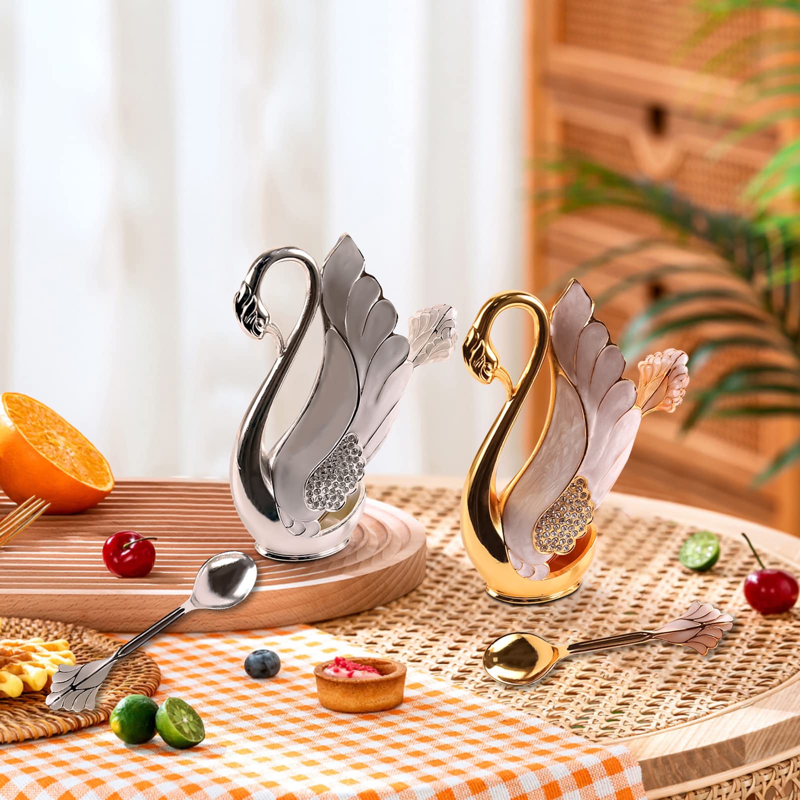 WYYXO Gold Swan Base Holder Spoons Set Elegant Swan Spoon Holder Organizer Decorative Swan Flatware for Dessert Coffee Ice Cream Cake (1 Swan Base Holder 6 Spoons)