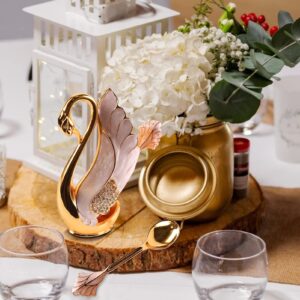 WYYXO Gold Swan Base Holder Spoons Set Elegant Swan Spoon Holder Organizer Decorative Swan Flatware for Dessert Coffee Ice Cream Cake (1 Swan Base Holder 6 Spoons)