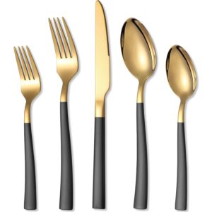 20 pieces silverware set, stainless steel flatware set includes spoons forks knives, cutlery utensils set service for 4, gold mirror polished and matte black painted, dishwasher safe