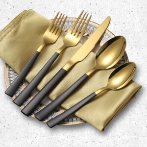 20 Pieces Silverware Set, Stainless Steel Flatware Set Includes Spoons Forks Knives, Cutlery Utensils Set Service for 4, Gold Mirror Polished and Matte Black Painted, Dishwasher Safe