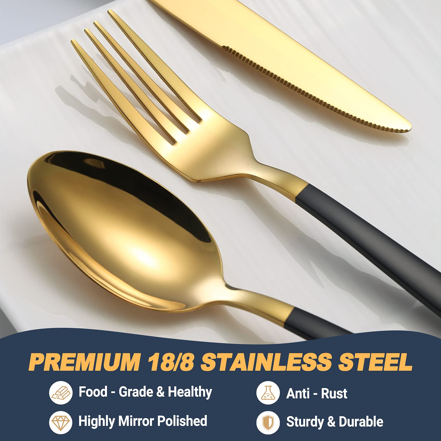 20 Pieces Silverware Set, Stainless Steel Flatware Set Includes Spoons Forks Knives, Cutlery Utensils Set Service for 4, Gold Mirror Polished and Matte Black Painted, Dishwasher Safe