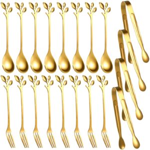 leaf coffee spoons, mini serving tongs and appetizer forks stainless steel sugar cube tongs dessert spoons metal dinner forks for dessert coffee tea (20, gold)