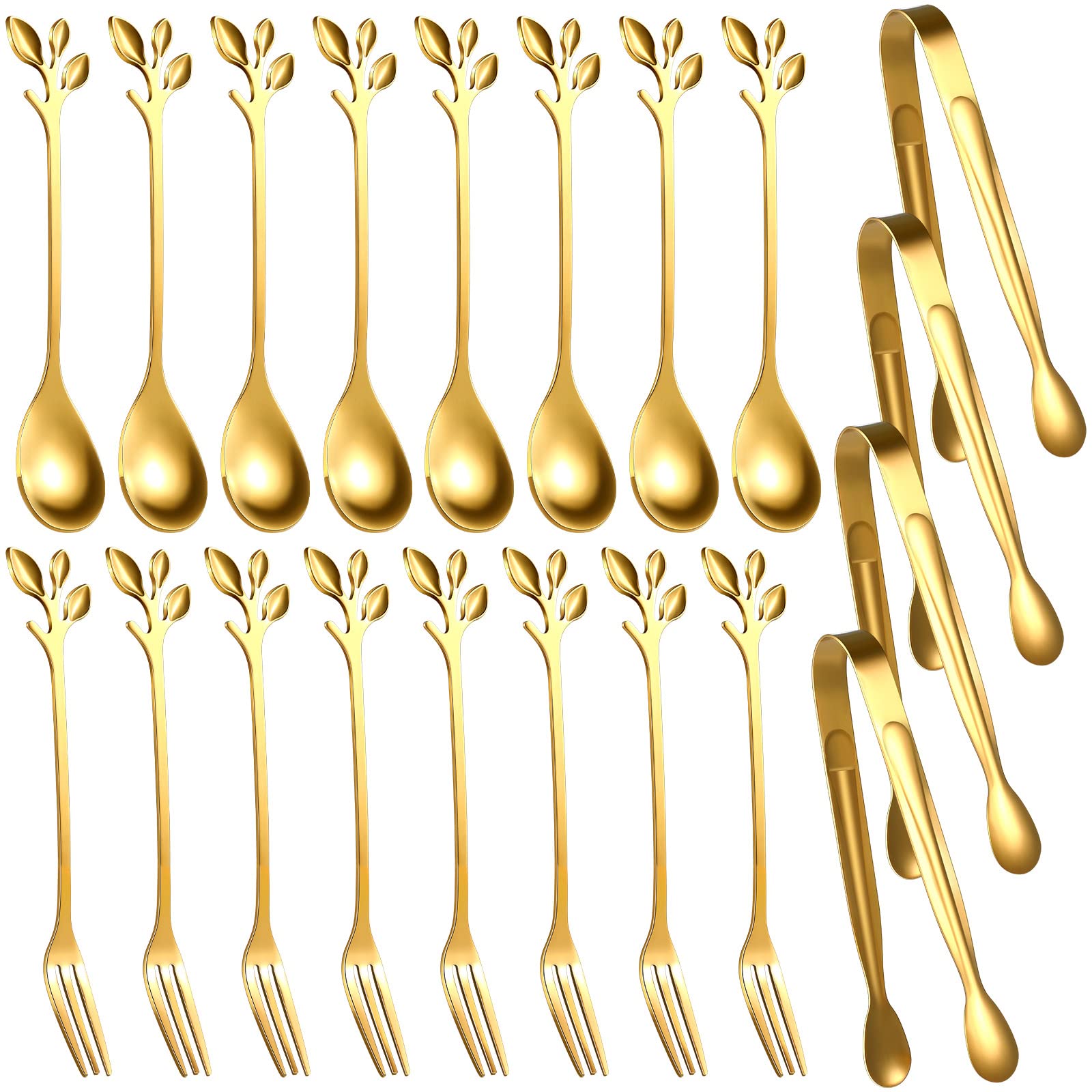 Leaf Coffee Spoons, Mini Serving Tongs and Appetizer Forks Stainless Steel Sugar Cube Tongs Dessert Spoons Metal Dinner Forks for Dessert Coffee Tea (20, Gold)