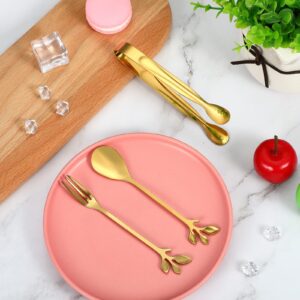 Leaf Coffee Spoons, Mini Serving Tongs and Appetizer Forks Stainless Steel Sugar Cube Tongs Dessert Spoons Metal Dinner Forks for Dessert Coffee Tea (20, Gold)