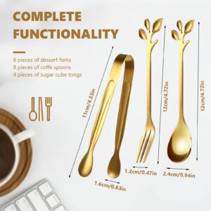 Leaf Coffee Spoons, Mini Serving Tongs and Appetizer Forks Stainless Steel Sugar Cube Tongs Dessert Spoons Metal Dinner Forks for Dessert Coffee Tea (20, Gold)