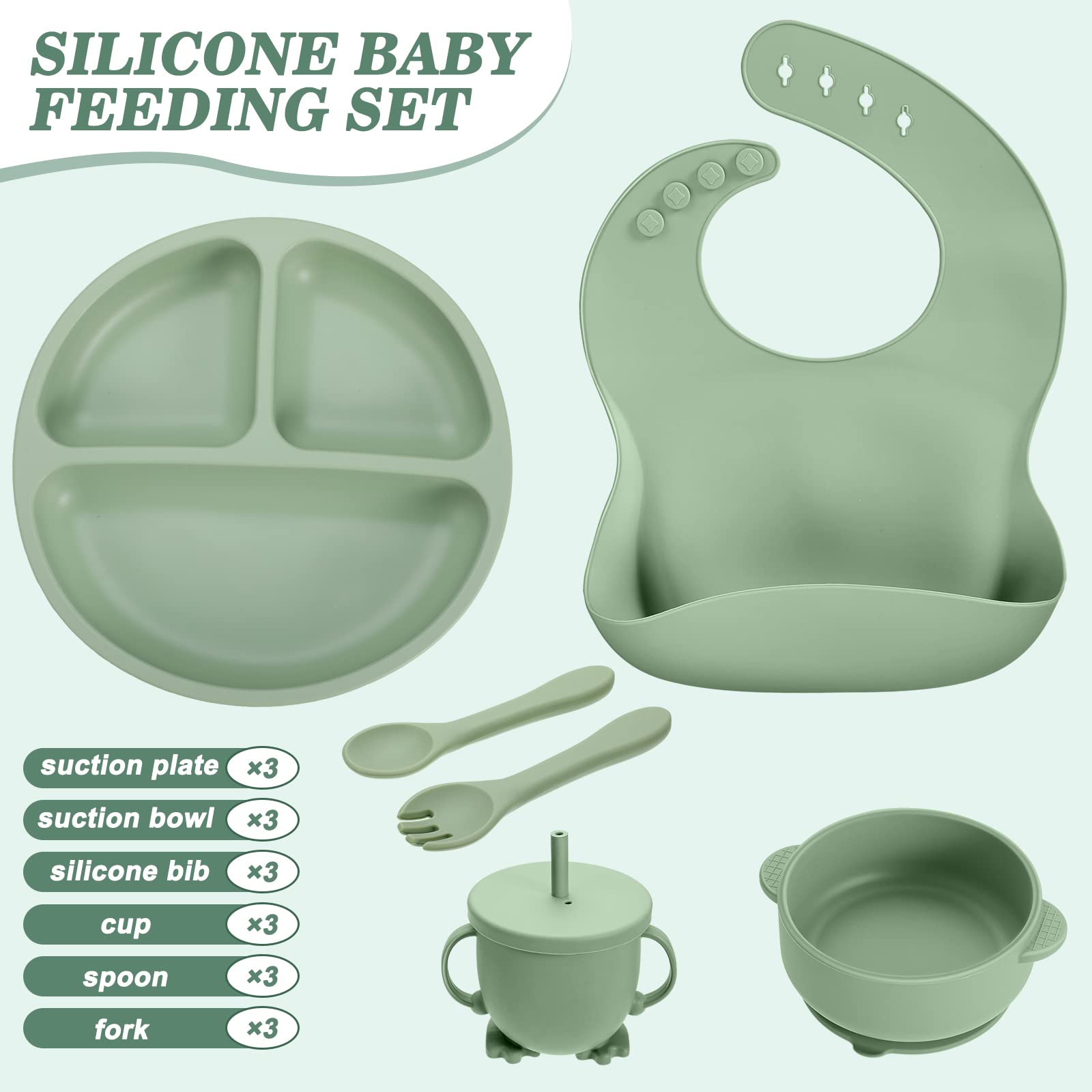 18 Pcs Silicone Baby Feeding Set Infant Dinnerware Adjustable Silicone Toddler Bibs Baby Plates and Bowls Set Suction Bowls Divided Plates Spoons Fork Cups Utensils(Beige, Pink, Navy Green)