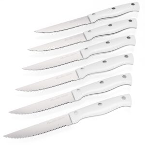 harriet steak knife set, serrated steak knives set of 6, full tang german stainless steel steak knives, white