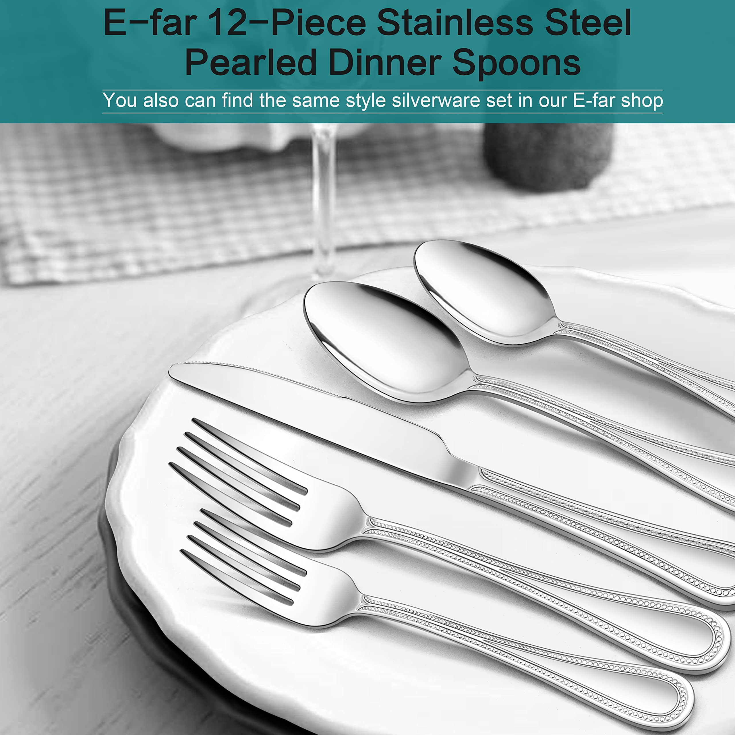Dinner Spoons Set of 12, E-far Stainless Steel Spoons Silverware with Pearled Edge for Home/Kitchen/Restaurant, Mirror Polished & Dishwasher safe-7.9 Inches