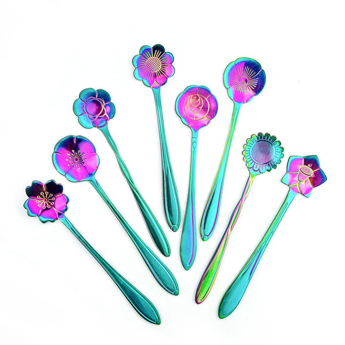 8 Pieces Rainbow Flower Spoon Coffee Teaspoon Set, LEEFONE Stainless Steel Reusable Tea Spoon Sugar Spoon Ice Tea Spoon Stirring Spoon Dessert Cake Spoon, 8 Different Patterns