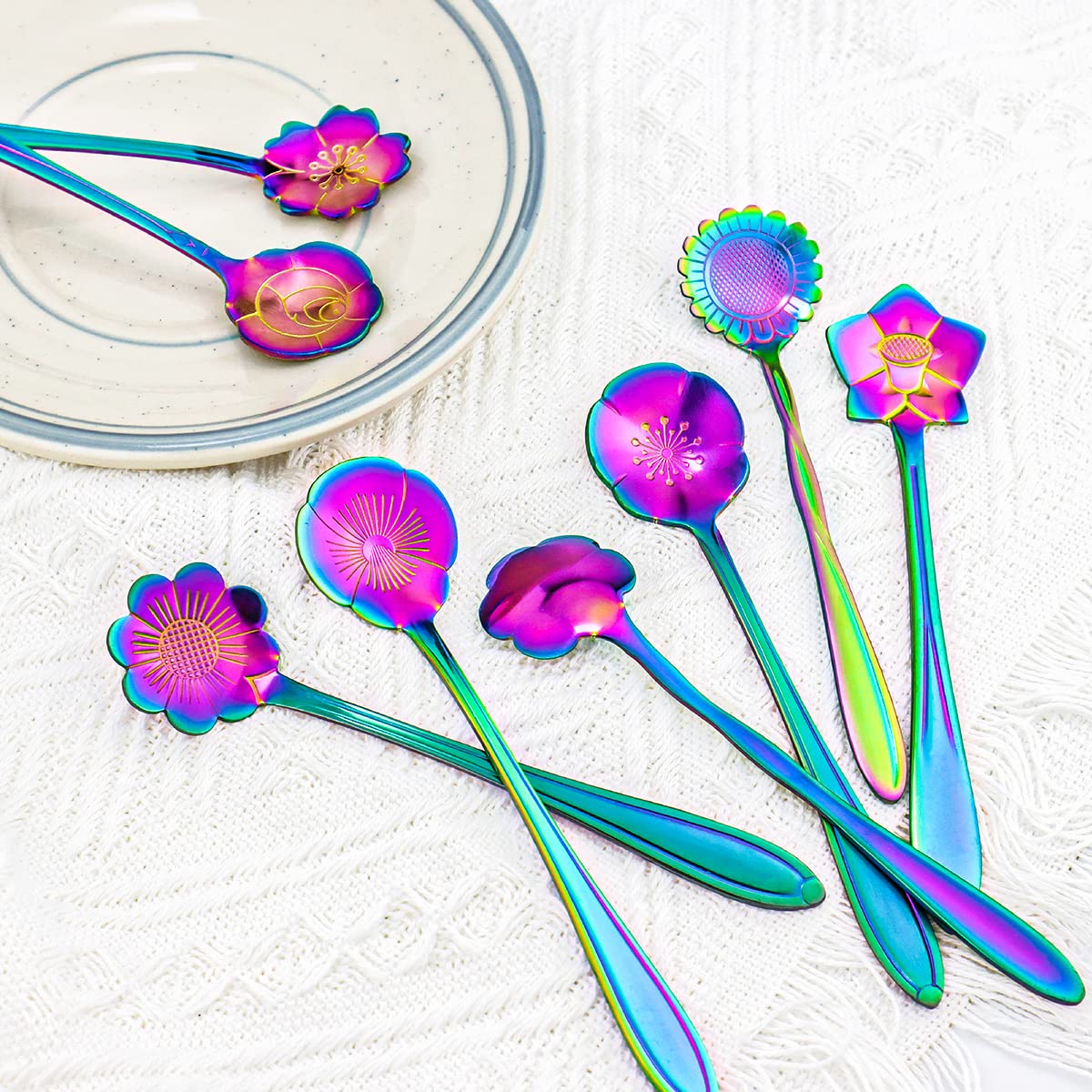 8 Pieces Rainbow Flower Spoon Coffee Teaspoon Set, LEEFONE Stainless Steel Reusable Tea Spoon Sugar Spoon Ice Tea Spoon Stirring Spoon Dessert Cake Spoon, 8 Different Patterns