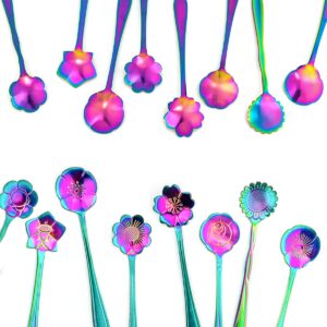 8 Pieces Rainbow Flower Spoon Coffee Teaspoon Set, LEEFONE Stainless Steel Reusable Tea Spoon Sugar Spoon Ice Tea Spoon Stirring Spoon Dessert Cake Spoon, 8 Different Patterns