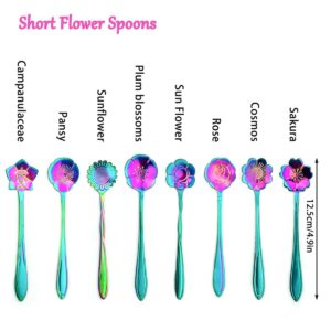 8 Pieces Rainbow Flower Spoon Coffee Teaspoon Set, LEEFONE Stainless Steel Reusable Tea Spoon Sugar Spoon Ice Tea Spoon Stirring Spoon Dessert Cake Spoon, 8 Different Patterns