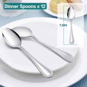 Dinner Spoons Set of 12, E-far Stainless Steel Spoons Silverware with Pearled Edge for Home/Kitchen/Restaurant, Mirror Polished & Dishwasher safe-7.9 Inches