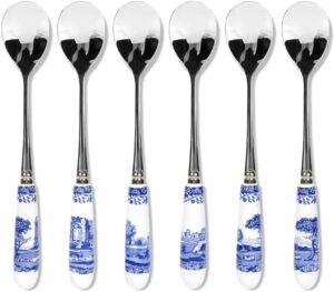 spode blue italian collection teaspoons | set of 6 | made of stainless steel with porcelain handles | 6 inch dessert spoons | blue/white | hand wash only
