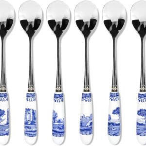 Spode Blue Italian Collection Teaspoons | Set of 6 | Made of Stainless Steel with Porcelain Handles | 6 Inch Dessert Spoons | Blue/White | Hand Wash Only