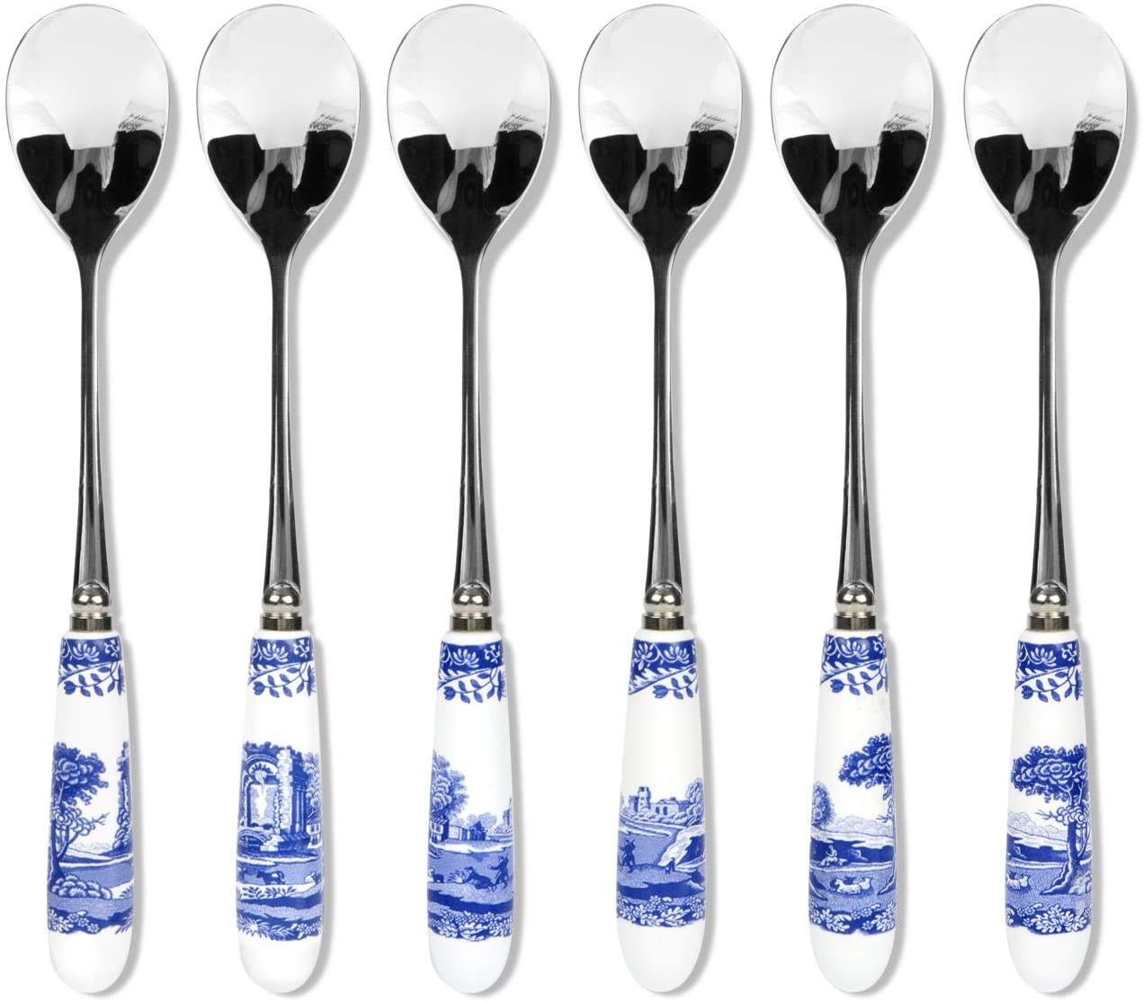 Spode Blue Italian Collection Teaspoons | Set of 6 | Made of Stainless Steel with Porcelain Handles | 6 Inch Dessert Spoons | Blue/White | Hand Wash Only