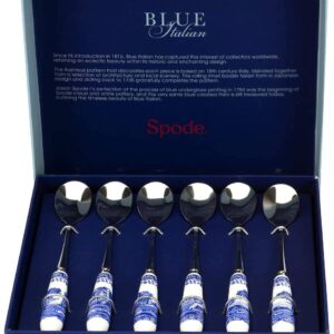 Spode Blue Italian Collection Teaspoons | Set of 6 | Made of Stainless Steel with Porcelain Handles | 6 Inch Dessert Spoons | Blue/White | Hand Wash Only