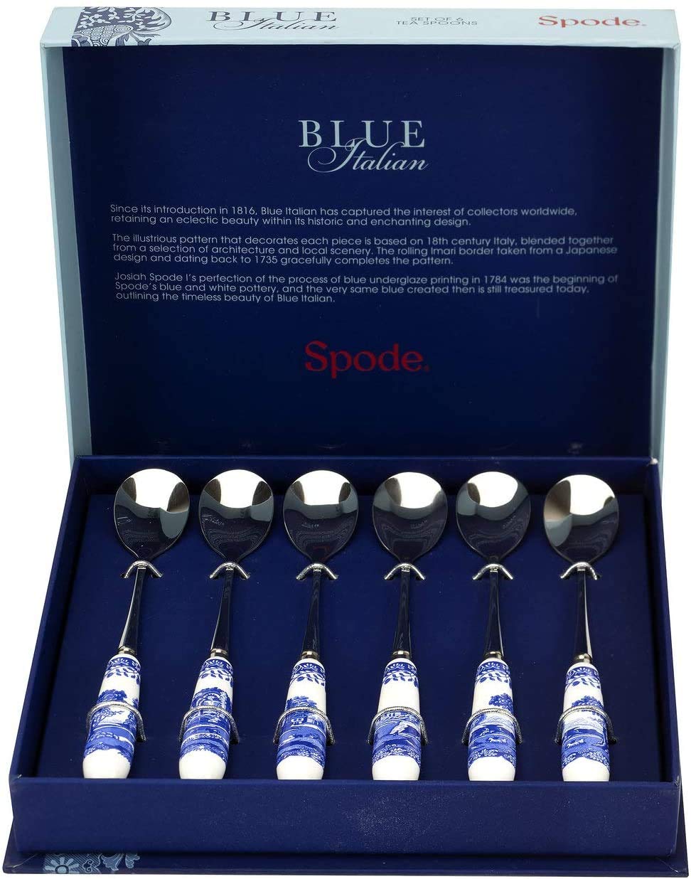 Spode Blue Italian Collection Teaspoons | Set of 6 | Made of Stainless Steel with Porcelain Handles | 6 Inch Dessert Spoons | Blue/White | Hand Wash Only