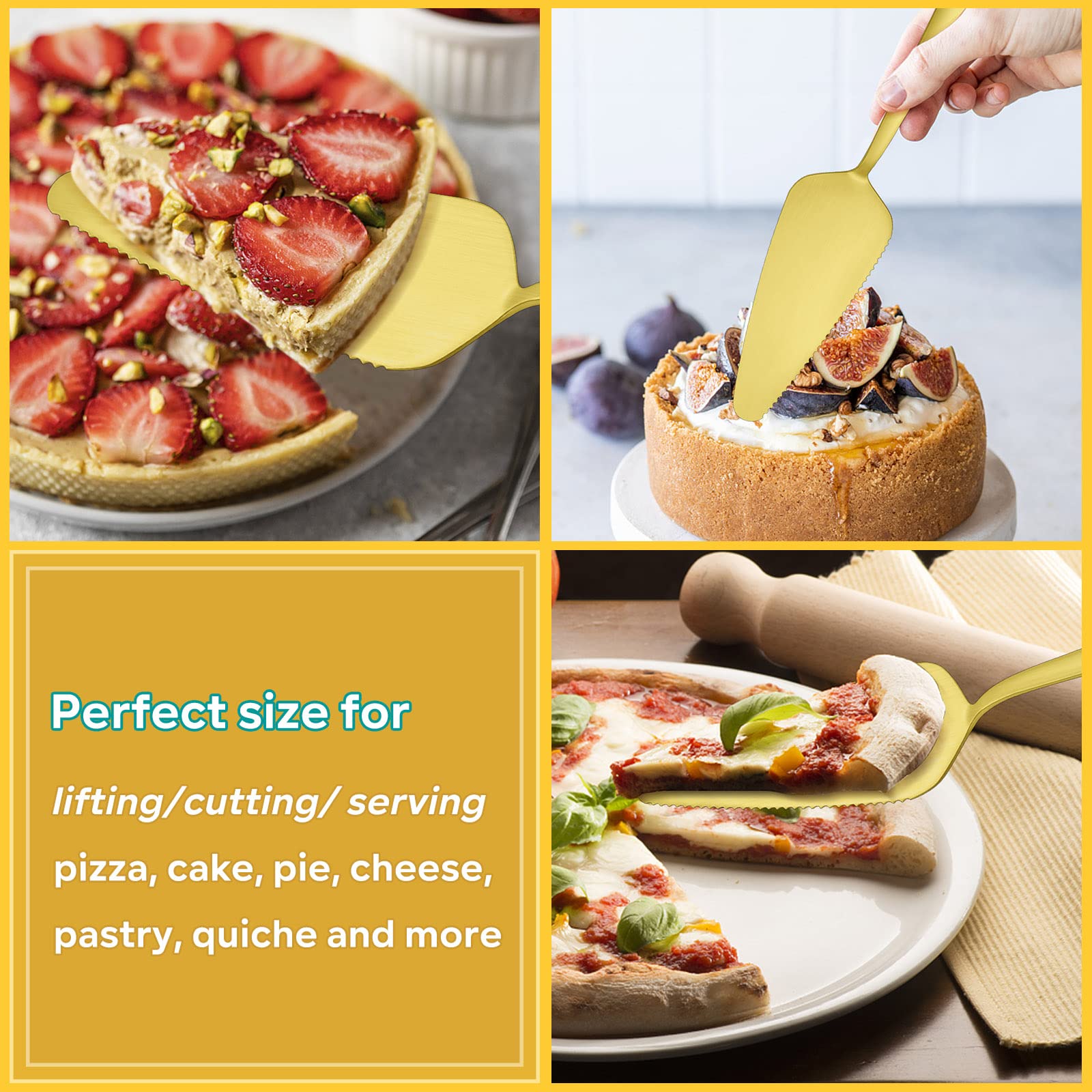 Matte Gold Pie Server Set of 5, E-far 8.9 Inch Stainless Steel Cake Server Cutter for Pastry Cheese Pizza, Serrated Edge with Square Handle